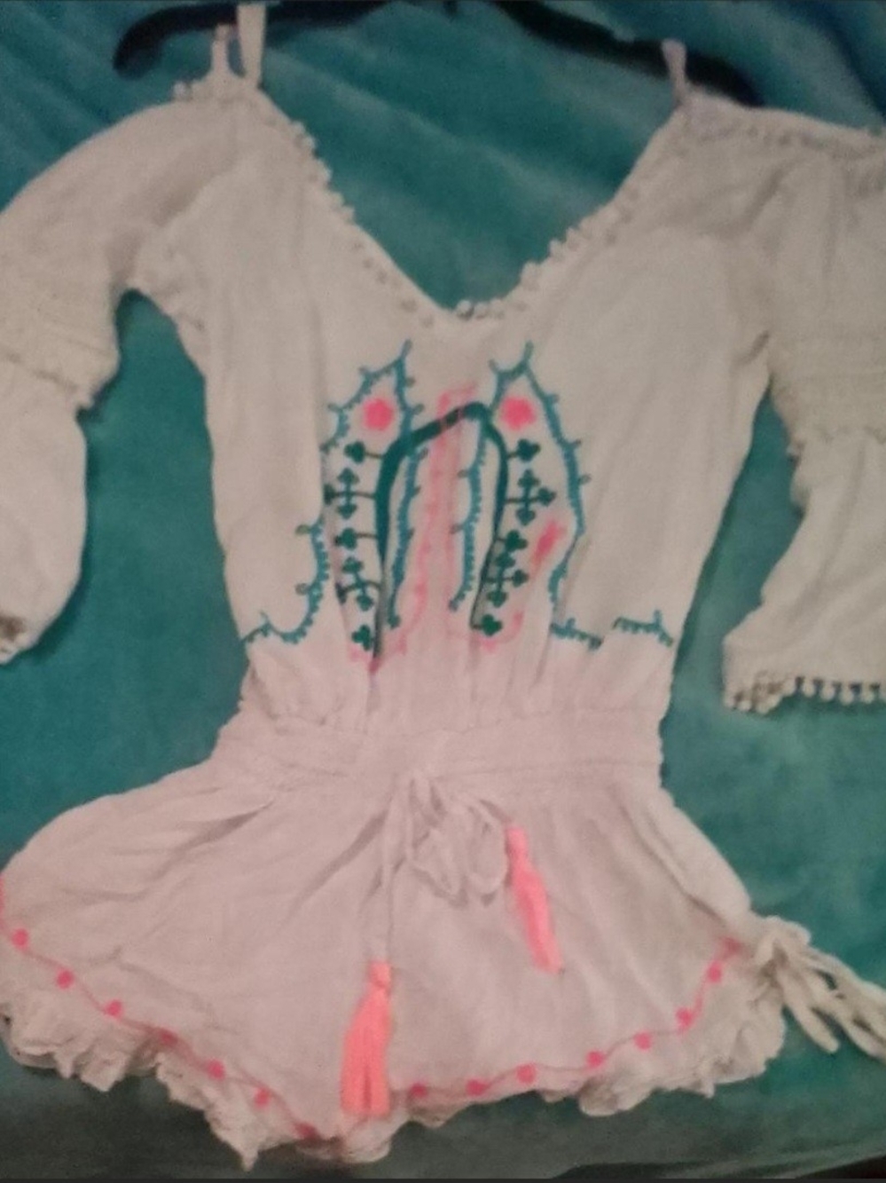 White Embroidered Off-Shoulder Romper with Pink & Teal Accents
